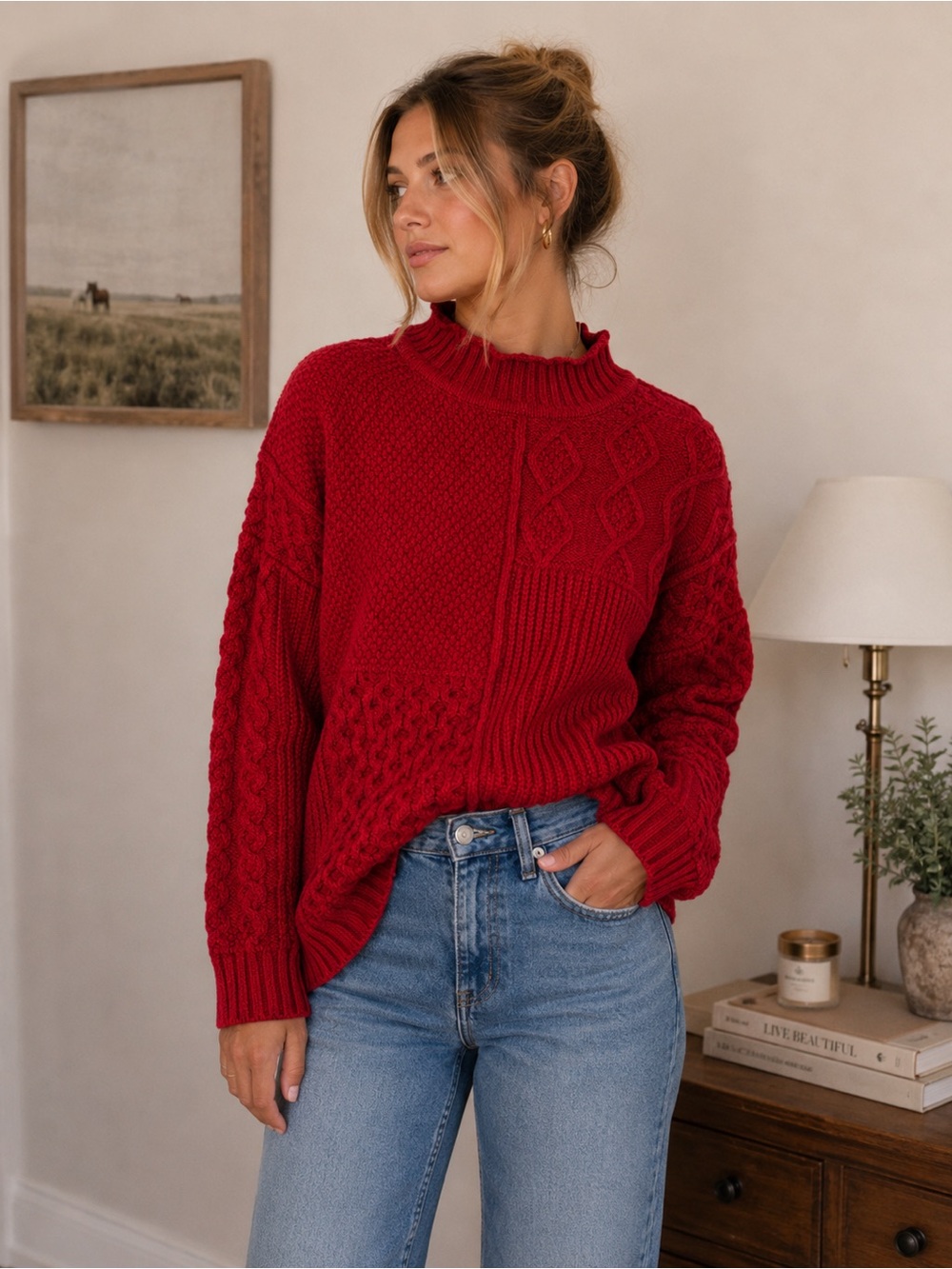 Vintage American Eagle Outfitters Red Cable-Knit Sweater